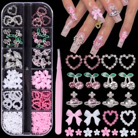 Silver Nail Charms and Gems, Assorted Bowknot Blossom Flowers Hollow Cute Nail Art Charms, Alloy Cherry Planet Heart Nail Gems Rhinestones Nail Jewelry for Nail Art DIY Crafts Accessories