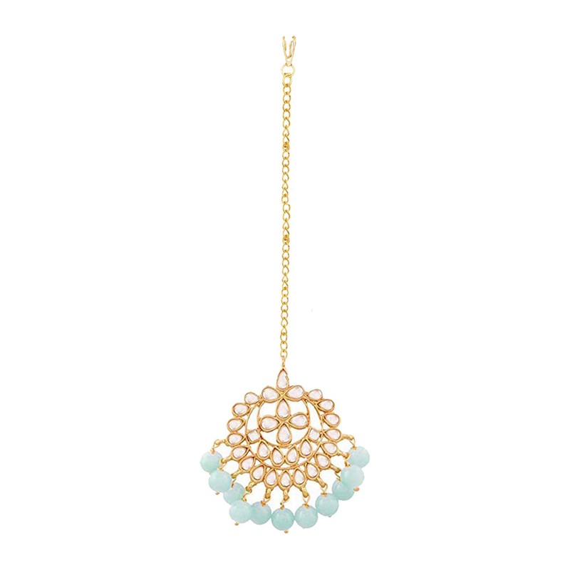 Aheli Faux Kundan Pearl Sky Blue Maang Tikka nupcial indio