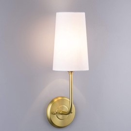 Linea di Liara Forma Gold Wall Sconce, White Fabric Shade, Antique Brass, UL Listed, Modern Wall Lighting, Bathroom Hallway Bedroom Wall Sconce, Up Light, Wallchiere Wall Lamp, 17x8x5 inches
