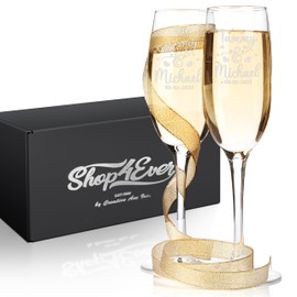shop4ever Set of 2 Couples Names and Date with Hearts Laser Engraved Champagne Flute Glasses 8 oz. with a Gift Box Couples Wedding Gift