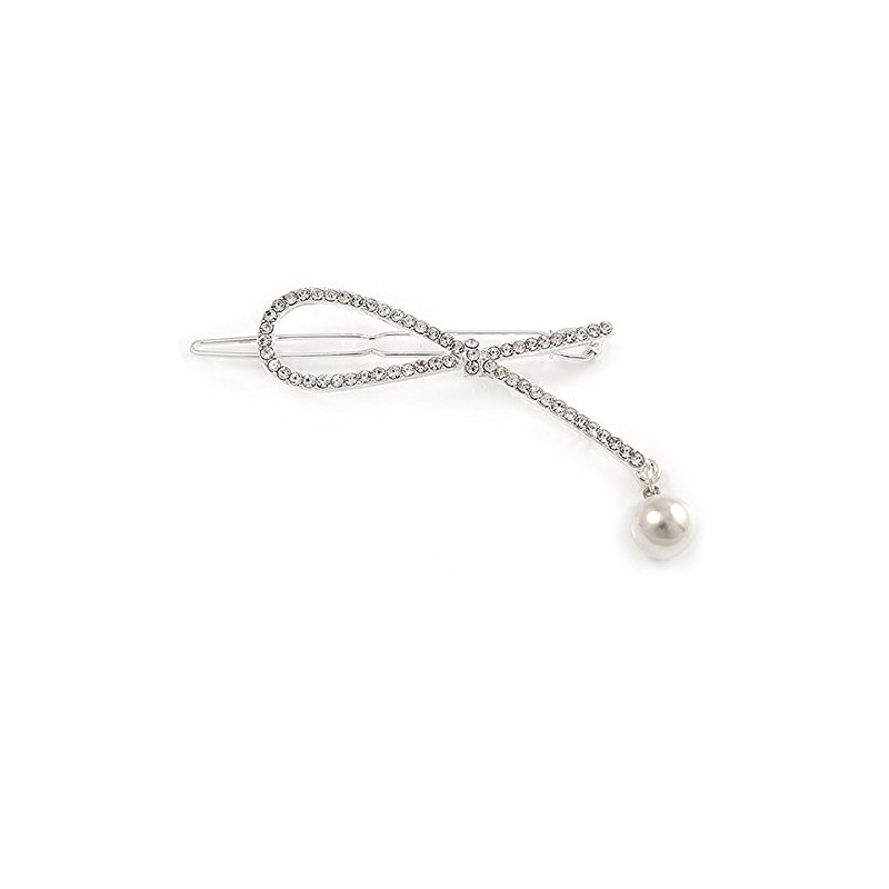 Silver Plated Clear Crystal, Simulated Pearl Bead Open Bow Hair