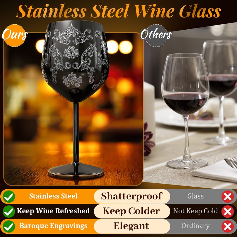 Lifecapido Stainless Steel Wine Glasses Set of 2, 18oz Etched
