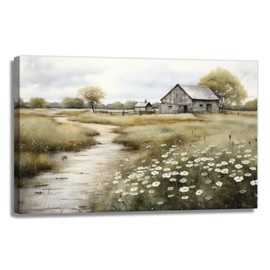 Farmhouse Canvas Wall Art Old Barn Picture Vintage Painting Rustic Landscape Prints for Living Room Home Offcie Decor Framed(Farmhouse-2,16.00x24.00 inch)