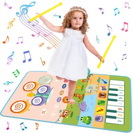 Risom Alfombrilla de Musicales de Piano para Niños, 2-in-1Alfombra de Piano y Tambor de Jazz con Baquetas, Tapete Musical para Niñas Plegable, Teclados de Piano Juguete Instruments Regalos Ideal