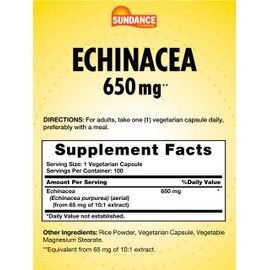 Sundance Echinacea 650mg | 100 Capsules | Traditional Herb Supplement | Vegetarian, Non-GMO, and Gluten Free Formula