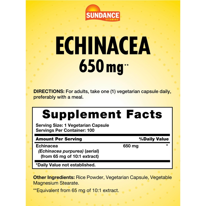 Sundance Echinacea 650mg | 100 Capsules | Traditional Herb Supplement