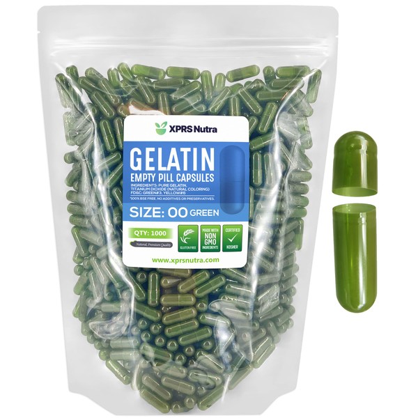 Capsules Express - Cápsulas de gelatina vacías verdes - Certificado Kosher - Cápsula de gelatina pura sin gluten de gelatina bovina pura, llenado de polvo