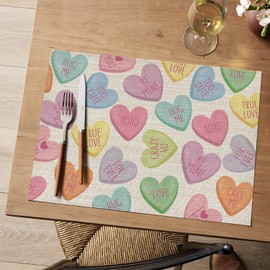 Artoid Mode Colorful XOXO Hearts Vinyl Valentine's Day Placemats Set of 4, 12x18 Inch Wipeable Non-Slip PVC Place Mats for Party Kitchen Dining Decor