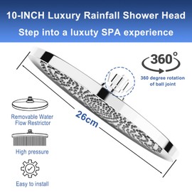 Rain Shower Head 10-Inch Rain Shower Head Overhead Replacement, Fixed Shower Head Adjustable with Swivel Ball Round Chrome 26CM