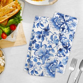 Gnmduw Chinoiserie Mediterranean Floral Kitchen Towels, Blue and White Flowers Hand Towels Set of 2, Grandmillennial Flower Hand Dish Tea Towel for Kitchen Bathroom Decor, 16x24 Inch