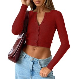 Purple Pocket Cardigan Sweaters for Women Crew Neck Cropped Sweater Tops Dressy Casual Long Sleeve Shirts Burgundy XS