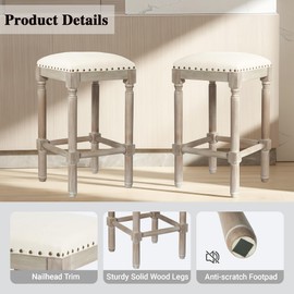CangLong Linen Counter Height Bar Stools Nailhead Trim Backless Barstools Wooden Counter Stool for Kitchen Island Counter Bistro, Set of 2, Dark Brwon Finish, Beige