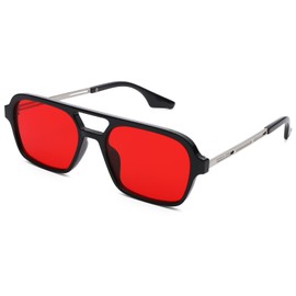 Pro Acme Vintage 70s Flat Pilot Sunglasses for Women Men, Small Frame Rectangular Glasses UV400 Protection Shades (Black Frame | Red Lens)