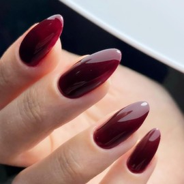 Wine Red Press on Nails Almond Shaped Soild Colors False Nails Medium Coffin Nails Full Cover Artificial Nails Acrylic French Stick on Nails DIY Glossy Glue on Nails for Women Manicure Kit 24Pcs