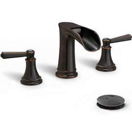 HEYMYTAP Brass 8 Inch Oil Rubbed Bronze Bathroom Faucet Waterfall Widespread Bathroom Faucets for Sink 3 Hole 2 Handle with Pop up Drain & Pre-Installed cUPC Water Hose for Vanity, 10 Mins Install