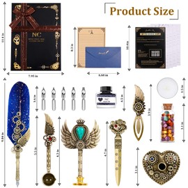 NC Feather Pen Ink Set, Quill Pen Ink Set, Wax Seal Stamp Set, Feather Calligraphy Pen Set, Valentine’s Day Gift for Writing Lovers Birthday Gift, Holiday Ideal Gift (Blue)