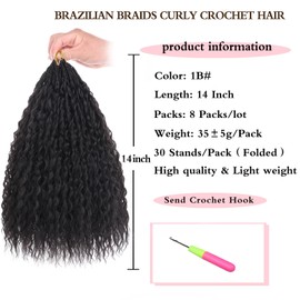 Xtrend Pre Looped Micro Brazilian Kinky Curly Crochet Hair 14 Inch 8 Packs Black Micro Curly Braiding Hair Extensions Deep Wave Synthetic For Mini Senegalese Twist Hair For Boho (30Strands/Pack，1B#)