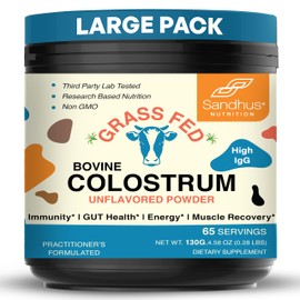Sandhu's Grass Fed Bovine Colostrum Powder for Humans, Adults | 65 Servings (Pack of 1) Cows Supplement | High IgG for Gut Health | Immunity & Muscle Recovery Support | Unflavored | for Men & Women