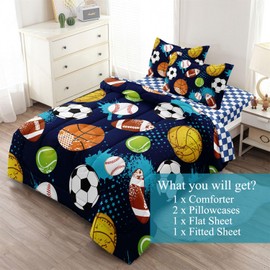 Leaflin Kids Boys Comforter Set Full Bed in a Bag w/Sheet Sets, Blue Full Bedding Sets for Teens Soccer Basketball Baseball Football Sports Themed Bedroom Decor Reversible Design