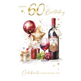 Cherry Orchard Luxury 60th Birthday Card for him, Mens 60th Milestone Birthday card From, Fine Wine & Balloons, Finished with a Gold foil Border