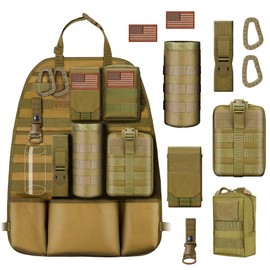 bvya Universal Car Back Seat Organizer with 3 Hooks and 5 Detachable Molle Pouches - Molle Pouch, Medical Pouch, Water Bottle Pouch, Flashlight Pouch, Phone Pouch for Tactical Vehicle Seat Protector