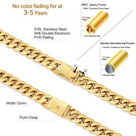 KRKC Gold Bracelet For Men, 14K Gold Plated Cuban Link Bracelet, 12mm Stainless Stee Bracelet for Men Women, Square Push Clasp,Durable Anti-Tarnish, Valentine'S Day Gift,7.5 inch