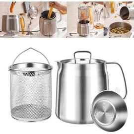 68oz Stainless Steel Bacon Grease Container with Strainer, Cooking Oil Storage Can with Mesh Filter, Lid and Easy-Grip Handle,Fat Separator for Storing Fats, Frying Oil and Cooking Grease (2L)