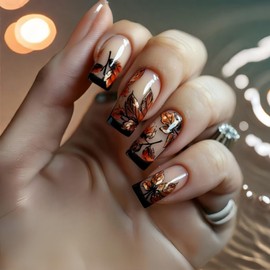 YOLEZI Medium Square Press on Nails Fall Fake Nails Black French Tip with Maple Leaf Charms Designs Glue on Nail Full Cover Acrylic for Women 24 PCS (Black-27, M-21)