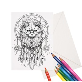 Cat Dreamcatcher Coloring Cards, 5" x 7", Stationary Set, Easy Adult Coloring A7 Cards with Envelopes, Greeting Cards, DIY Paper Crafting Kit Set of 8