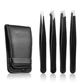 Eyebrow Tweezers Set - 4 Piece Stainless Steel Professional Tweezers for Eyebrows Facial Hair & Ingrown Hair Removal Splinter & Tick Remover False Eyelashes Tools for Men and Women (Black)
