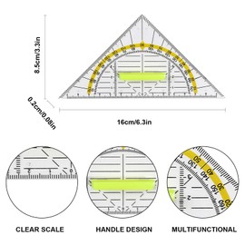 Set of 4 set squares with handle, shatterproof, flexible triangle, geometry, multi-purpose triangle ruler with protractor, triangle ruler one, versatile tool, for school, office, primary school,