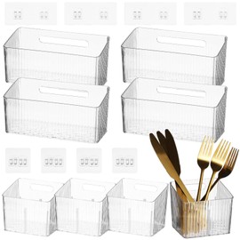 8 PCS Clear Cabinet Door Organizer Bins with Adhesive Hooks, Wall Mount Hanging Storage Baskets with Drain Holes, Plastic Under Sink Drawer Organizers for Bathroom, Kitchen, Pantry, Fridge