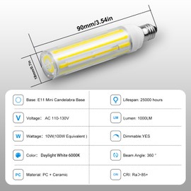 E11 10W Jde11 120V 100W Led Mini Candelabra Base E11 Bulbs COB 1000LM for Chandeliers, Ceiling Fan, Table Lamps, 6000K Daylilght White Dimmable, 3Pcs