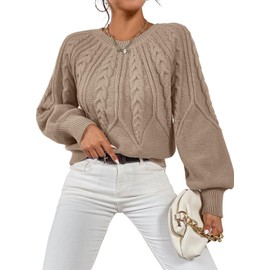 Dokotoo Khaki Sweaters for Women 2024 Winter Trendy Cozy Crewneck Long Lantern Sleeve Warm Sweater Cable Knit Chunky Loose Pullover Jumpers Large