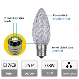 MAINDECO 25Pack C9 LED Christmas Replacement Bulbs, Faceted E17 Candelabra Screw Base Strawberry Bulbs Shatterproof C9 Light Bulbs for Indoor Outdoor Christmas Holiday Decoration, Cold White