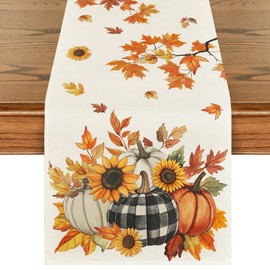 Artoid Mode Maple Leaf Pumpkins Sunflowers 210 GSM Fall Table Runner, Seasonal Kitchen Dining Table Decoration for Home Party Decor 13x60 Inch