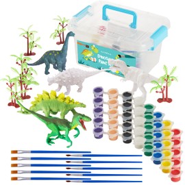 THE TWIDDLERS 20-Piece Dinosaur Painting Set, 5 Dinosaur Figures with 40 Mini Paint Pots (8 Colours), 10 Brushes & Trees - Crafts for Boys (40)