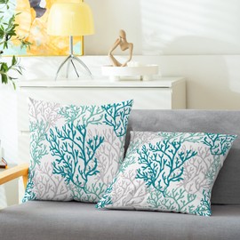 CaliTime Throw Pillow Cases Pack of 2 Cozy Fleece Three-Tone Sea Coral Tree Decorative Cushion Covers for Couch Bed Sofa Farmhouse Decoration 18 X 18 Inches Teal Grayed Jade Grey