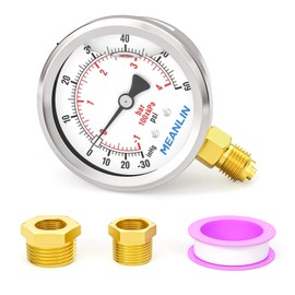 MEANLIN MEASURE -30inHg~60PSI Glycerin Filled Vacuum Pressure Gauge, Stainless Steel 1/4" BSP 2.5" FACE DIAL Lower Mount, with 1/4" x 1/2" BSP and 1/4" x 3/8" BSP Hex Bushing