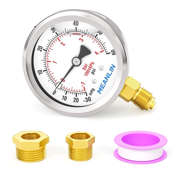 MEANLIN MEASURE -30inHg~60PSI Glycerin Filled Vacuum Pressure Gauge, Stainless Steel