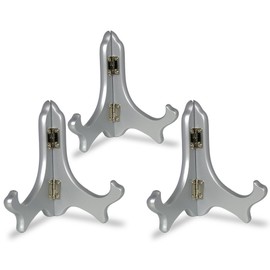 BANBERRY DESIGNS Silver Wooden Display Stands - Set of 3 - 5" H Easels - Plate Stand Holder - Wedding Decorations - Place Card Holders