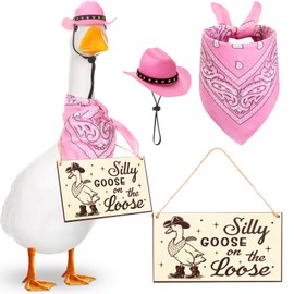 Silicherry Funny Porch Goose Decoration Set Silly Goose on The Loose Hangings Sign Cowboy with Outfit Cowboy Hat and Bandana for 23" Cement/Plastic Outdoor Statue Patio Yard Lawn Art(Pink)