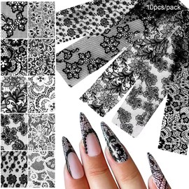 HYWWPFLAY 10 Sheets Lace Nail Foils Transfer Nail Art, Colorful Lace Series Nail Transfer Paper, Holographic Nails Foil Stickers, Manicure Design for DIY Nails Decoration (Black & White)