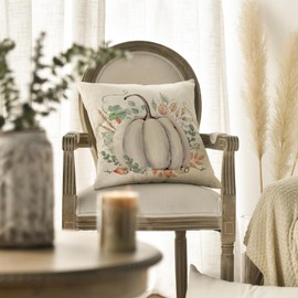 AVOIN colorlife Fall Pumpkin Eucalyptus Leaves Throw Pillow Cover 18x18 Inch, Seasonal Autumn Thanksgiving Harvest Decoration for Home Sofa Couch, White(2)