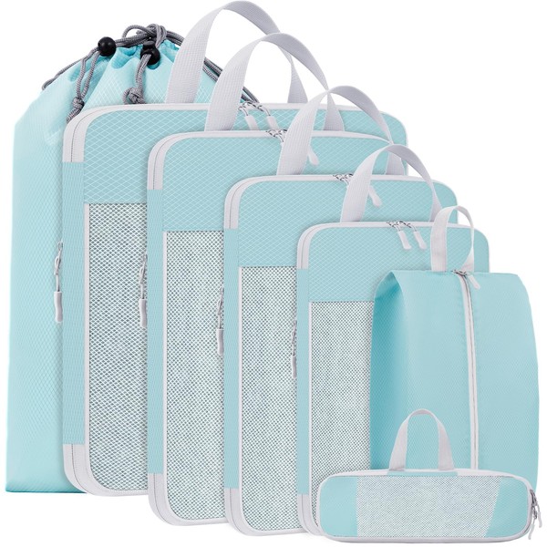 BESBESME - Juego de 7 cubos de compresión para maletas, accesorios de viaje, organizadores de equipaje expandibles (azul)