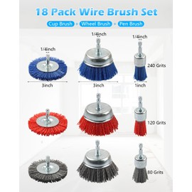 Rocaris 18 Pack Nylon Filament Abrasive Wire Brush Wheel & Cup Brush Set with 1/4 Inch Hex Shank, for Removal of Rust/Corrosion/Paint - 80 Grit, 120 Grit, 240 Grit