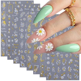 Flower Nail Stickers for Nail Art Spring Summer Nail Decals 3D Self-Adhesive Nail Supplies White Gold Daisy Blossom Floral Sunflower Leaves Butterfly Nail Design Sticker for Women Nail Decoration 8PCS