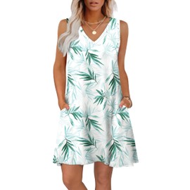 WIHOLL Beach Dresses for Women 2025 Flowy V Neck Swing Cute Dress Sundresses with Pockets Green Leaves S