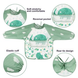 Discoball Baby Bibs Long Sleeves, Feeding Bibs Apron 2 Pcs Waterproof Unisex Weaning Bib for Infant Toddler 6 Months to 3 Years Old