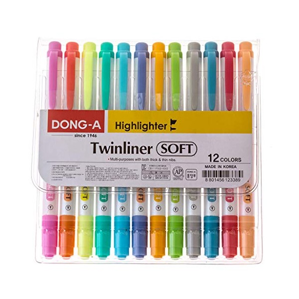 DONG-A Twinliner Double-Sided Highlighter, Fine and Broad Tips, 12 Color Set